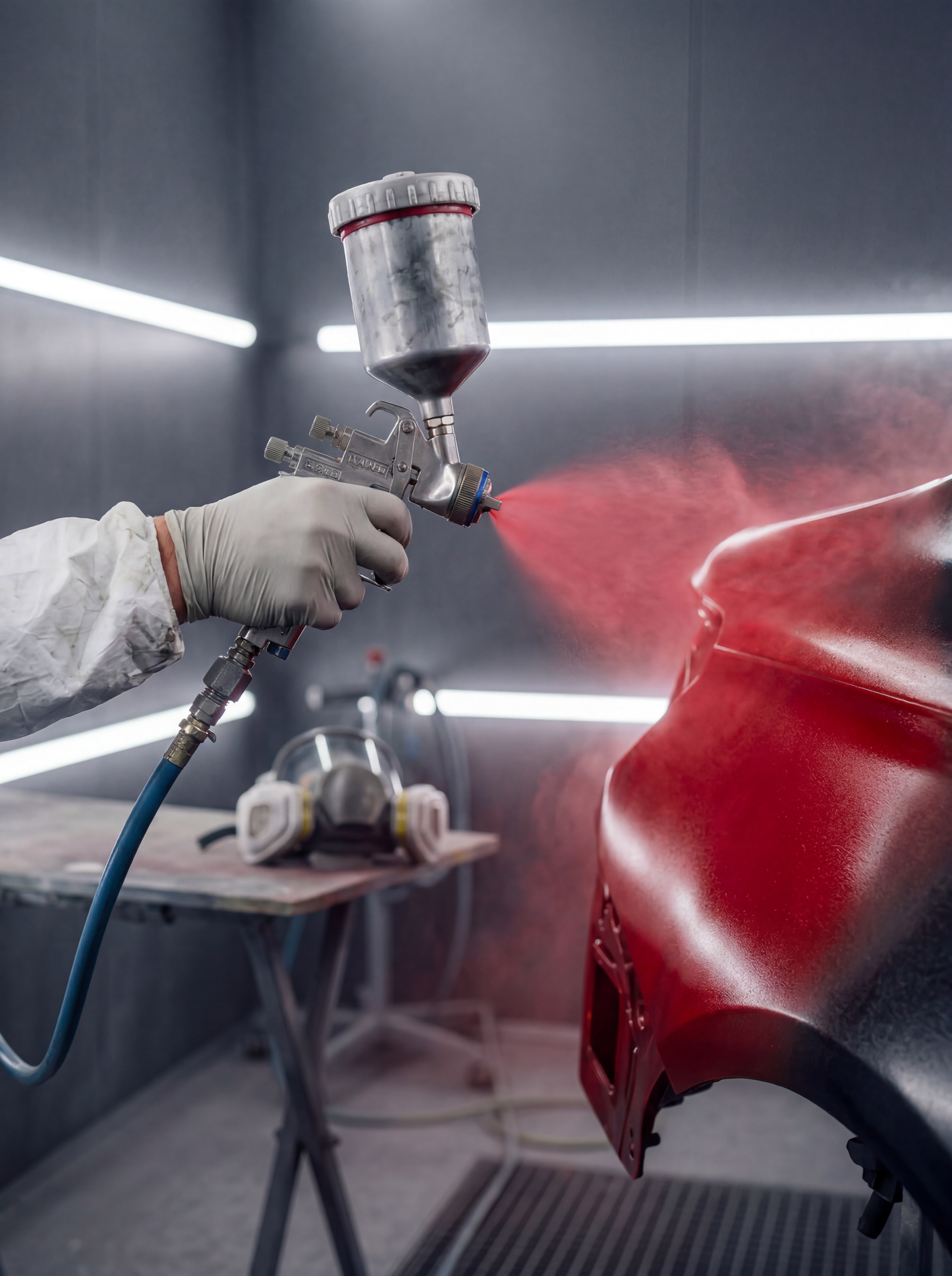 Car being painted in automotive facility